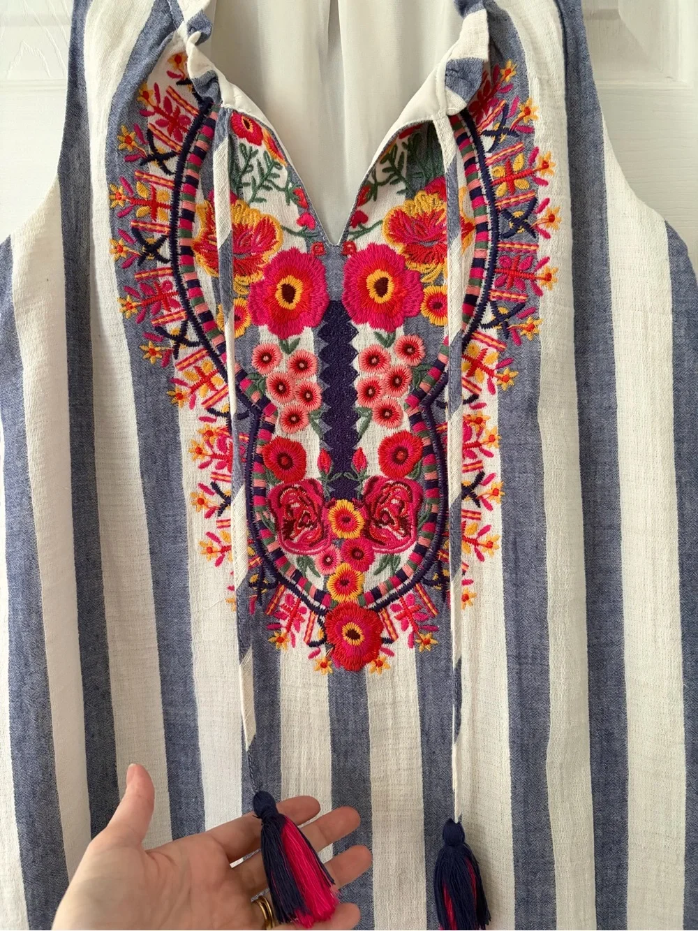 Altar'd State Blue and White Striped Embroidered Tassel Shift Dress - Picture 3 of 4